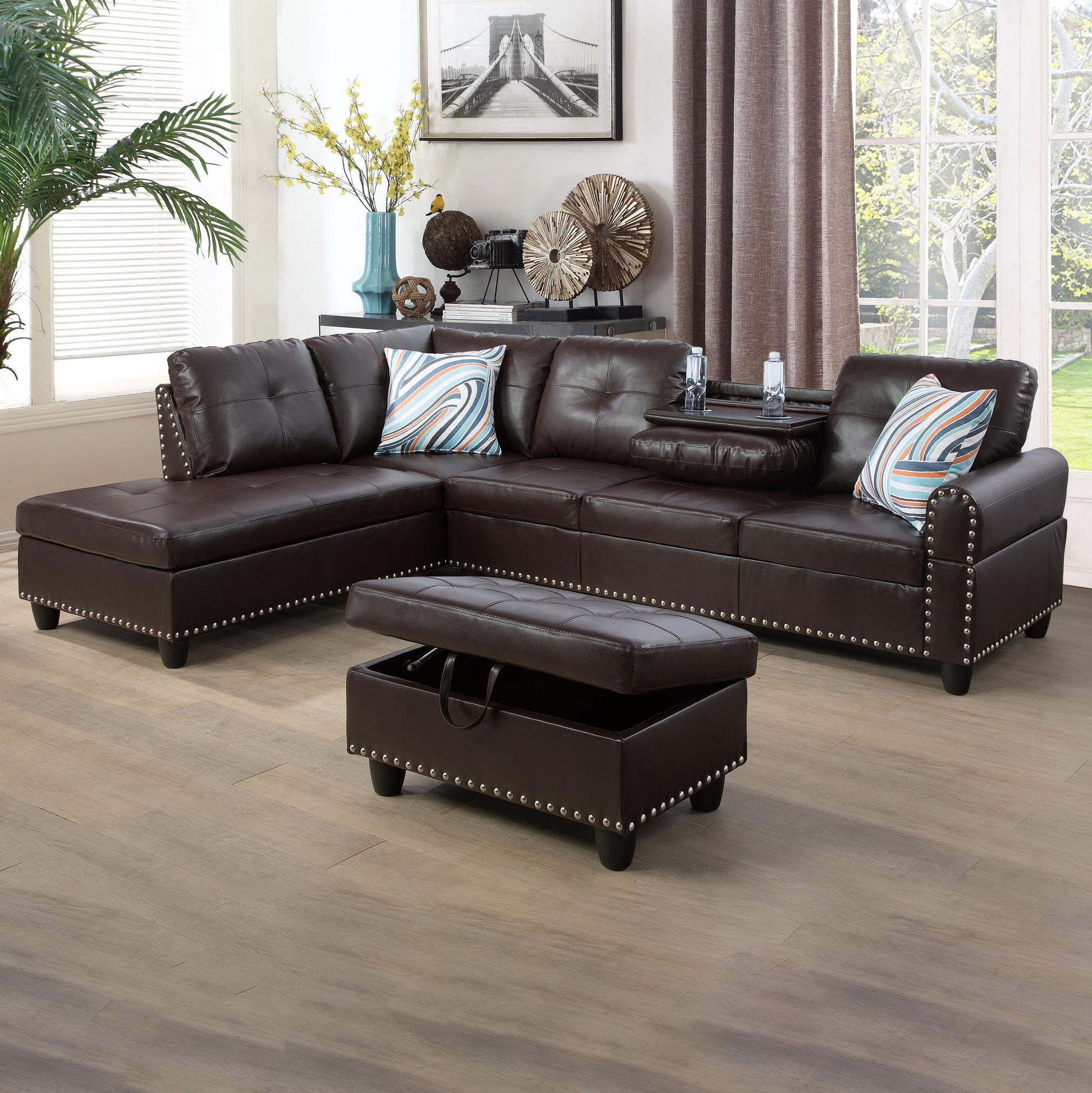 97.5" Wide Brown Synthetic Leather L-Shaped Living Room Sectional Sofa Set