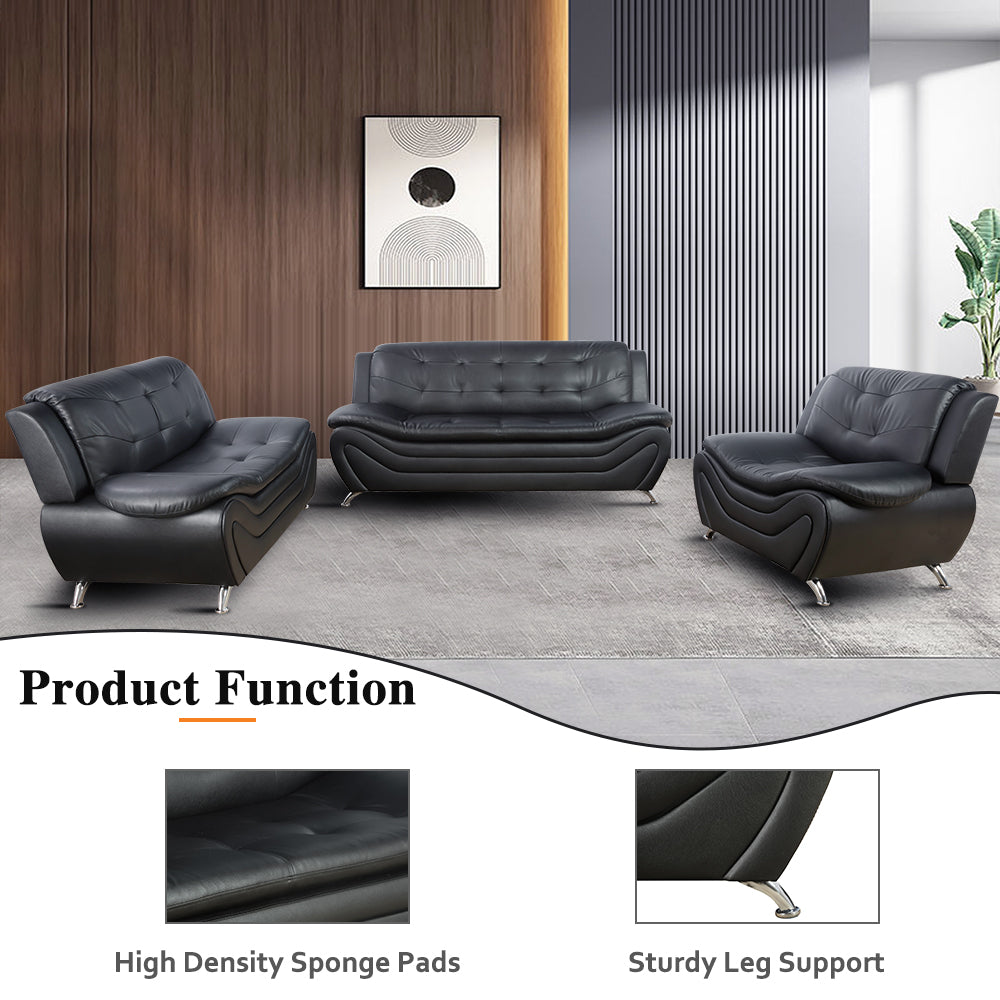 Ainehome Black Faux Leather 3-Piece Living Room Sofa Set with Elegant Design