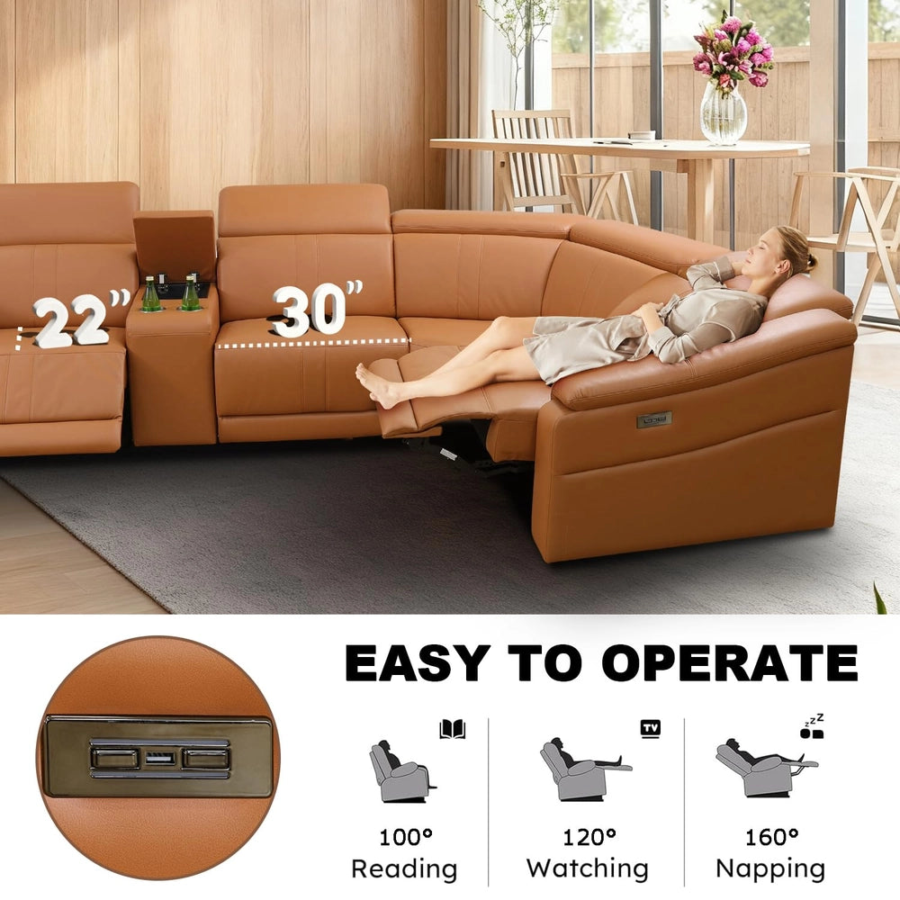 Ainehome Light Brown Leather 5-Seater Modular Power Reclining Sectional Sofa Set with Smart Storage & USB