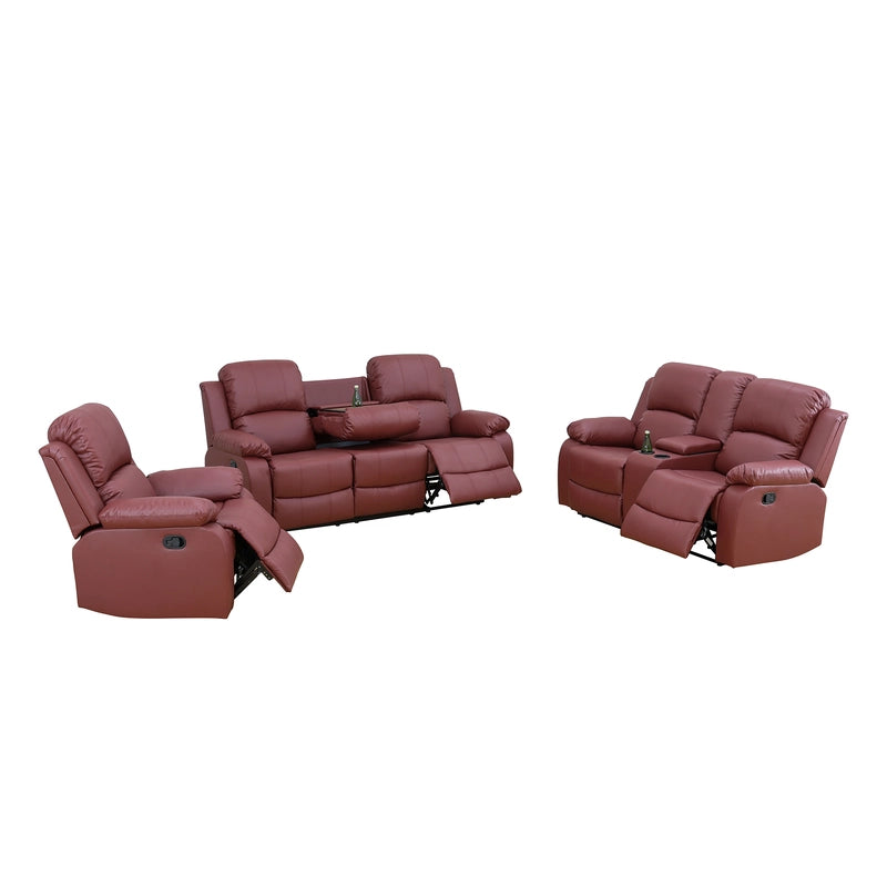 Ainehome Cinema 3-Piece Red Faux Leather Manual Reclining Sofa Set