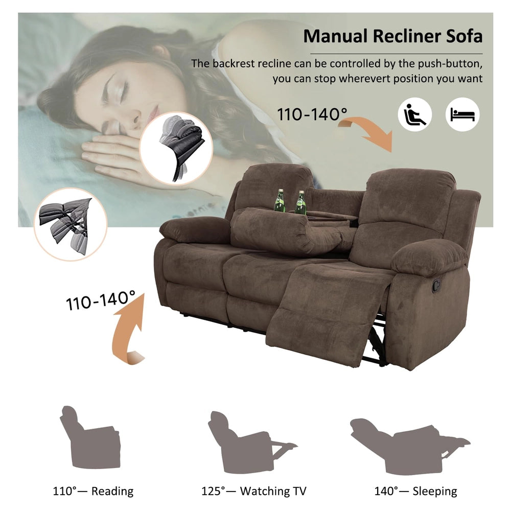 Ainehome Cinema 3-Piece Plush Brown Microfiber Reclining Sofa Set
