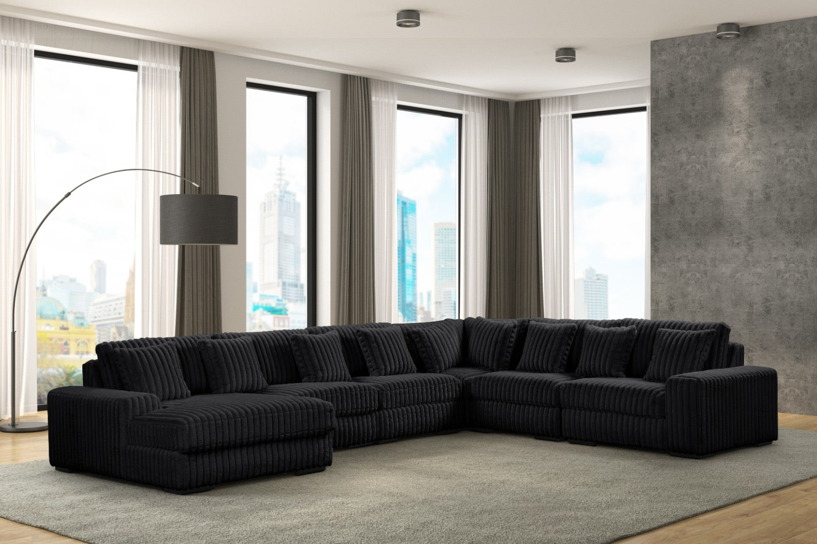 Bella Black LAF 6-Piece Corduroy Sectional