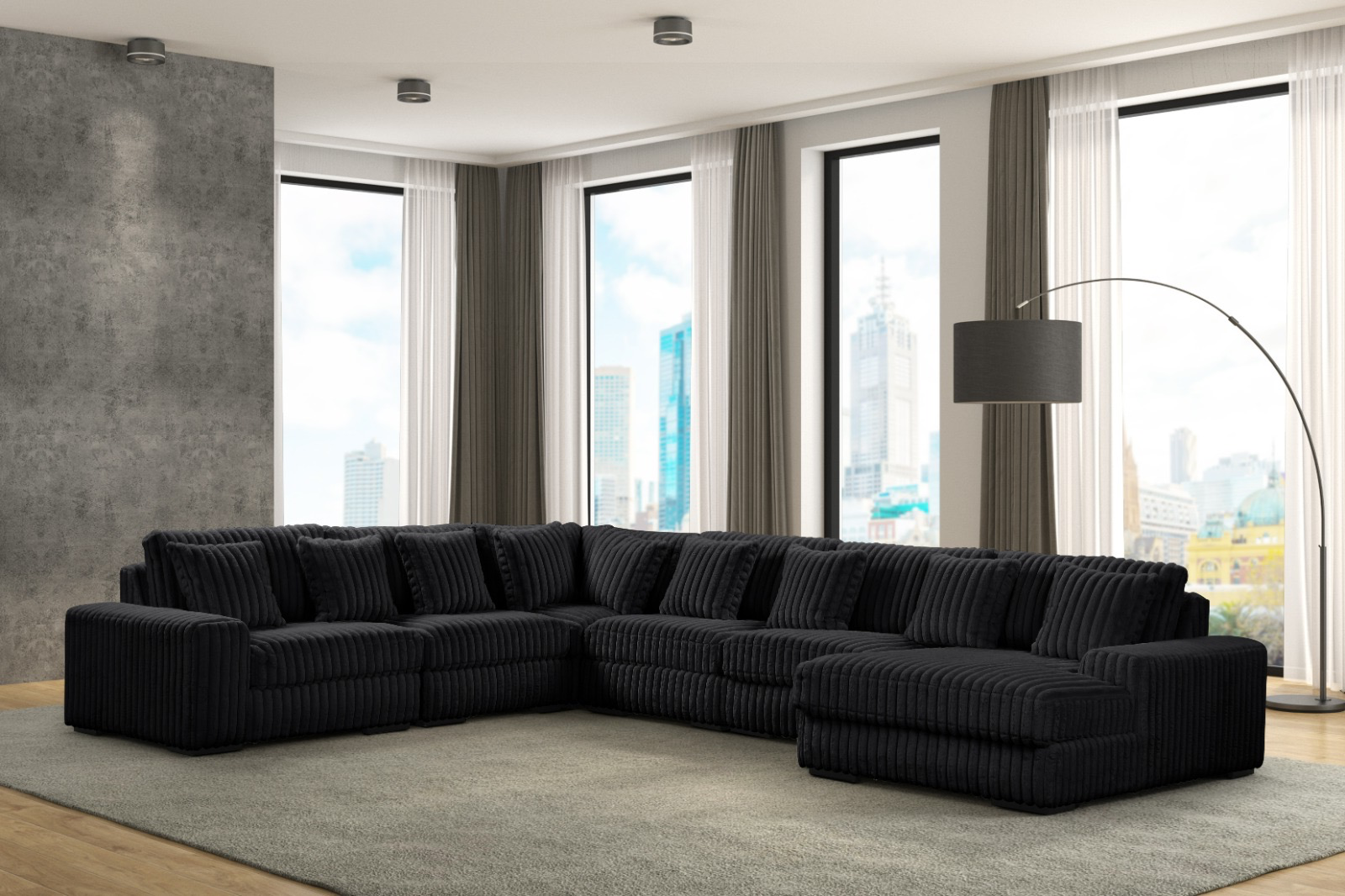 Bella Black RAF 6-Piece Corduroy Sectional