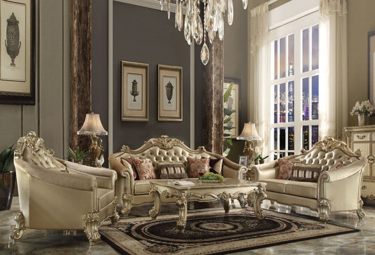 Vendome II - Sofa With 5 Pillows - Bone Synthetic Leather & Gold Patina