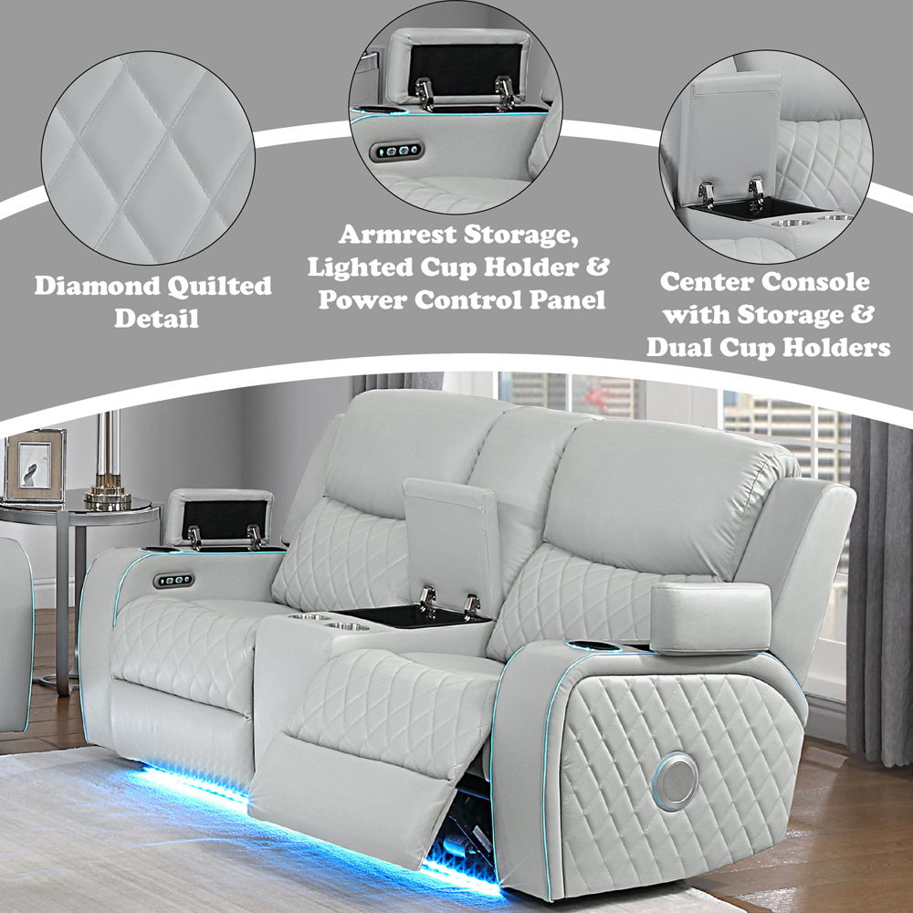 Elonzo - Power Motion Loveseat With Console, LED, Power Headrest & Speaker - Light Gray