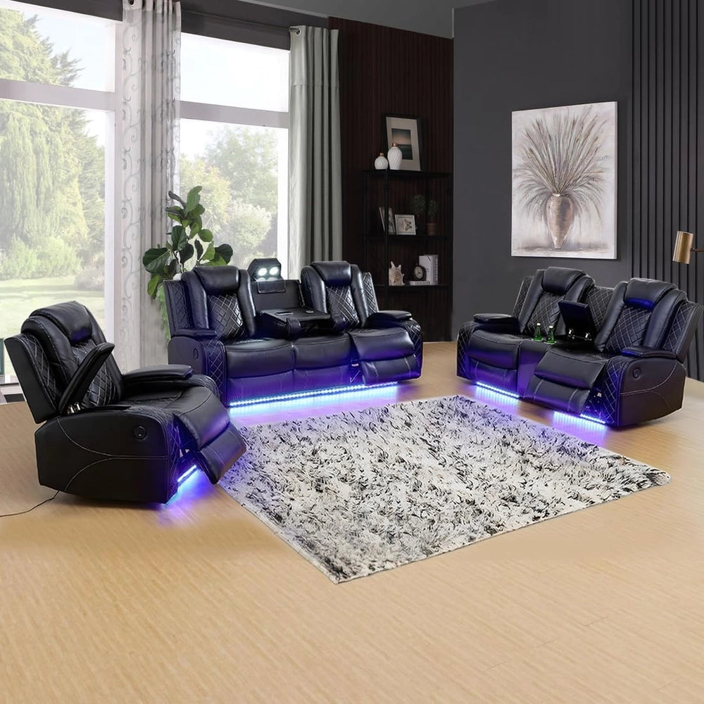 Ainehome Black Leather Power Reclining Sofa Set with Smart Console & LED Lighting