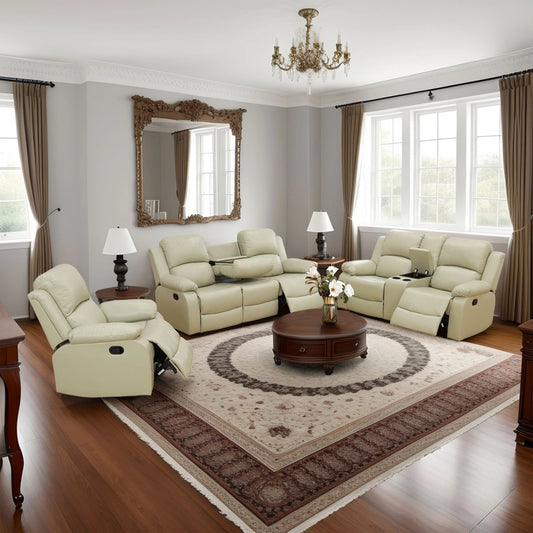 Cinema 3-Piece Beige Faux Leather Manual Reclining Sofa Set