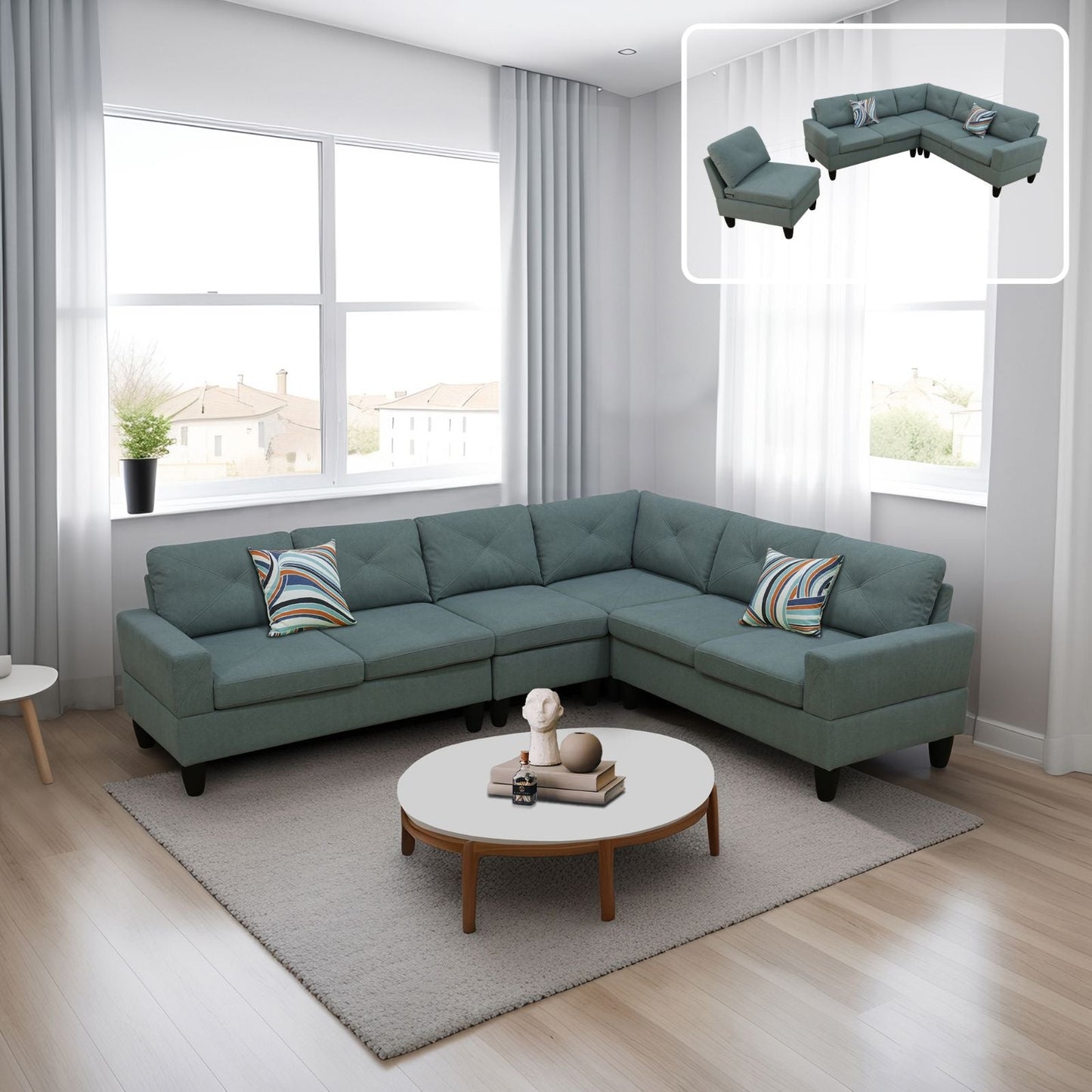 Ainehome Dendrobium Green Calico 4-Piece Modular Sofa Set