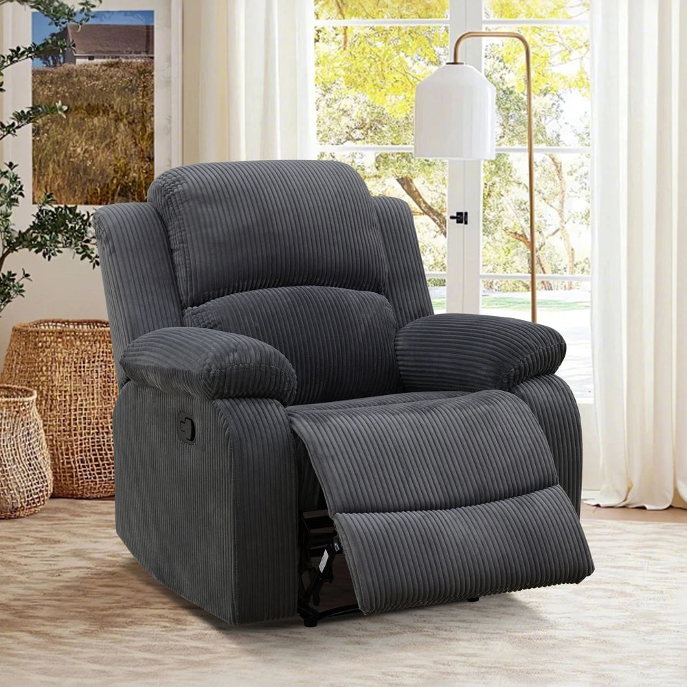 Cinema 3-Piece Textured Dark Grey Corduroy Reclining Sofa Set