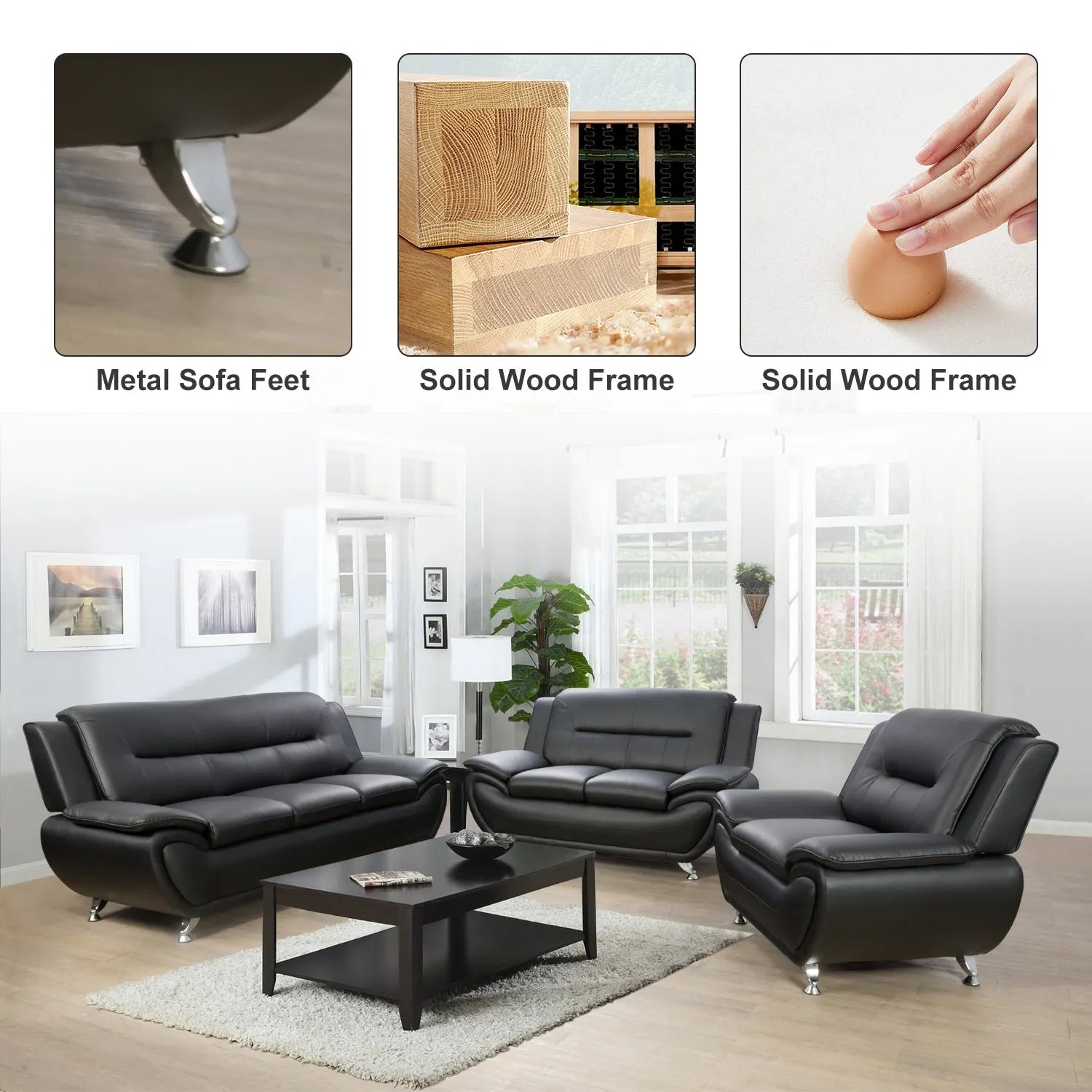 Ainehome Black Faux Leather 3-2-1 Living Room Sofa Set