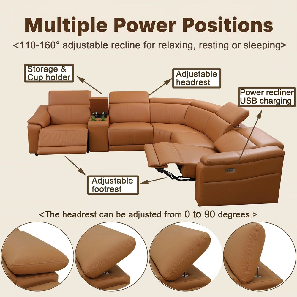 Ainehome Light Brown Leather 5-Seater Modular Power Reclining Sectional Sofa Set with Smart Storage & USB