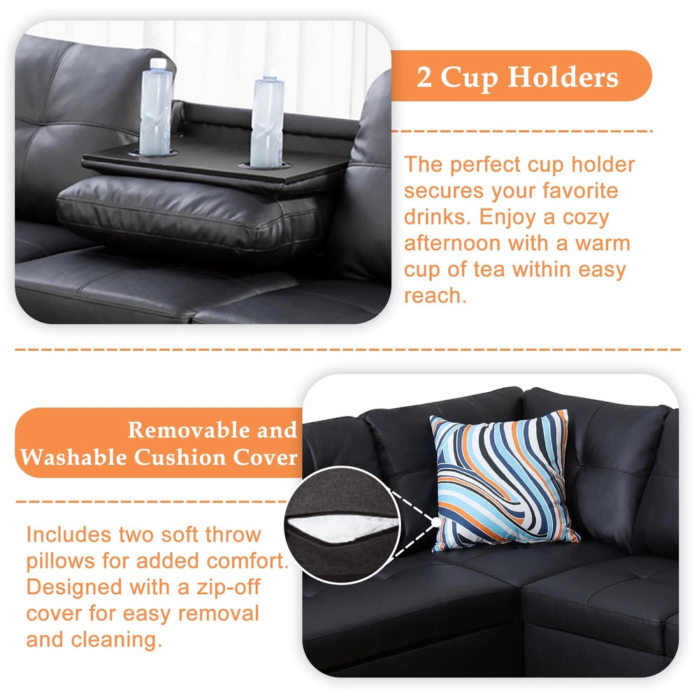 Ainehome 97.5" Wide Black Synthetic Leather L-Shaped Living Room Sectional Sofa Set