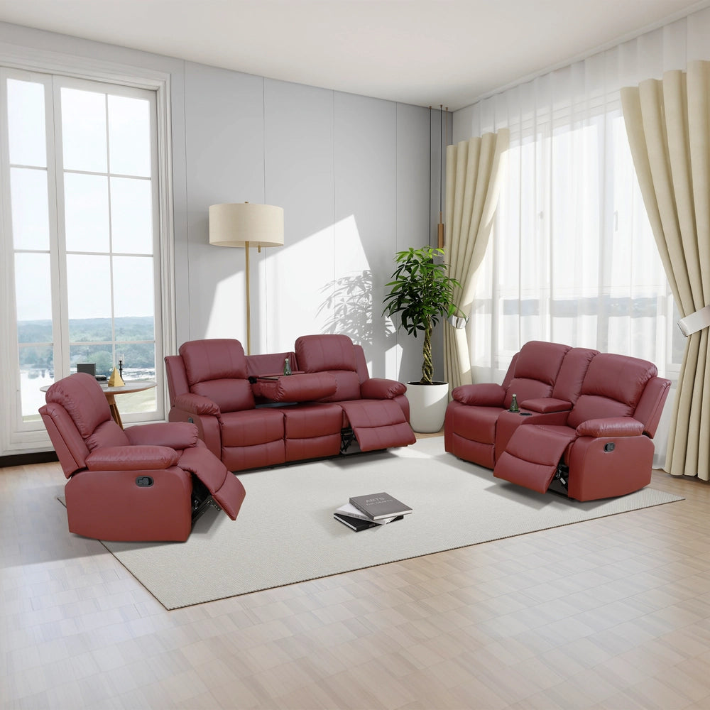 Ainehome Cinema 3-Piece Red Faux Leather Manual Reclining Sofa Set