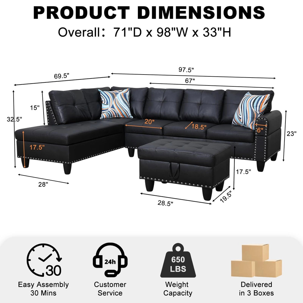 Ainehome 97.5" Wide Black Synthetic Leather L-Shaped Living Room Sectional Sofa Set