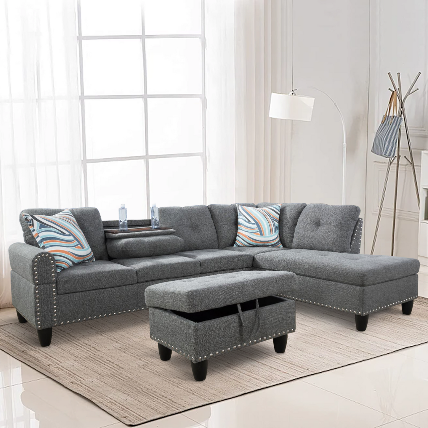 97.5" Wide Grey Linen L-Shaped Living Room Sectional Sofa Set