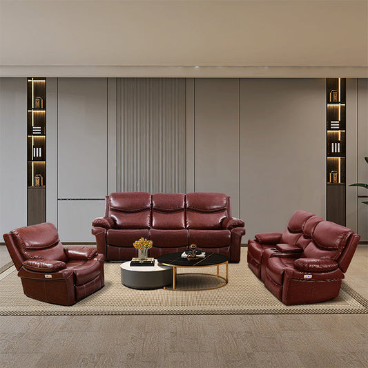 Burgundy Breathable Leather Adjustable Back Recliner Sofa Set
