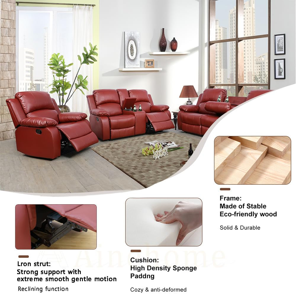 Ainehome Cinema 3-Piece Red Faux Leather Manual Reclining Sofa Set