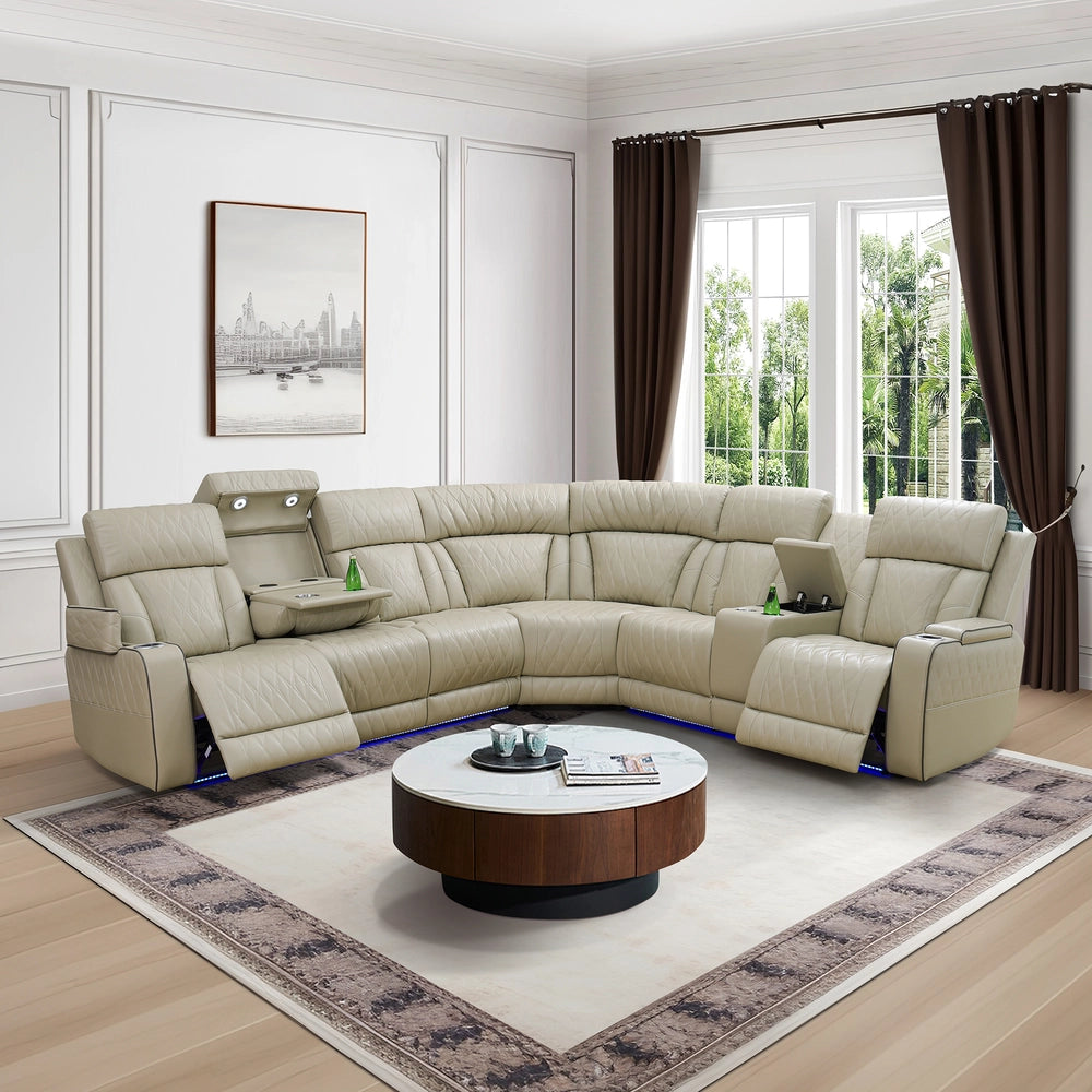 Ainehome Beige Leather Power Reclining Sectional Sofa with Reading Lamp