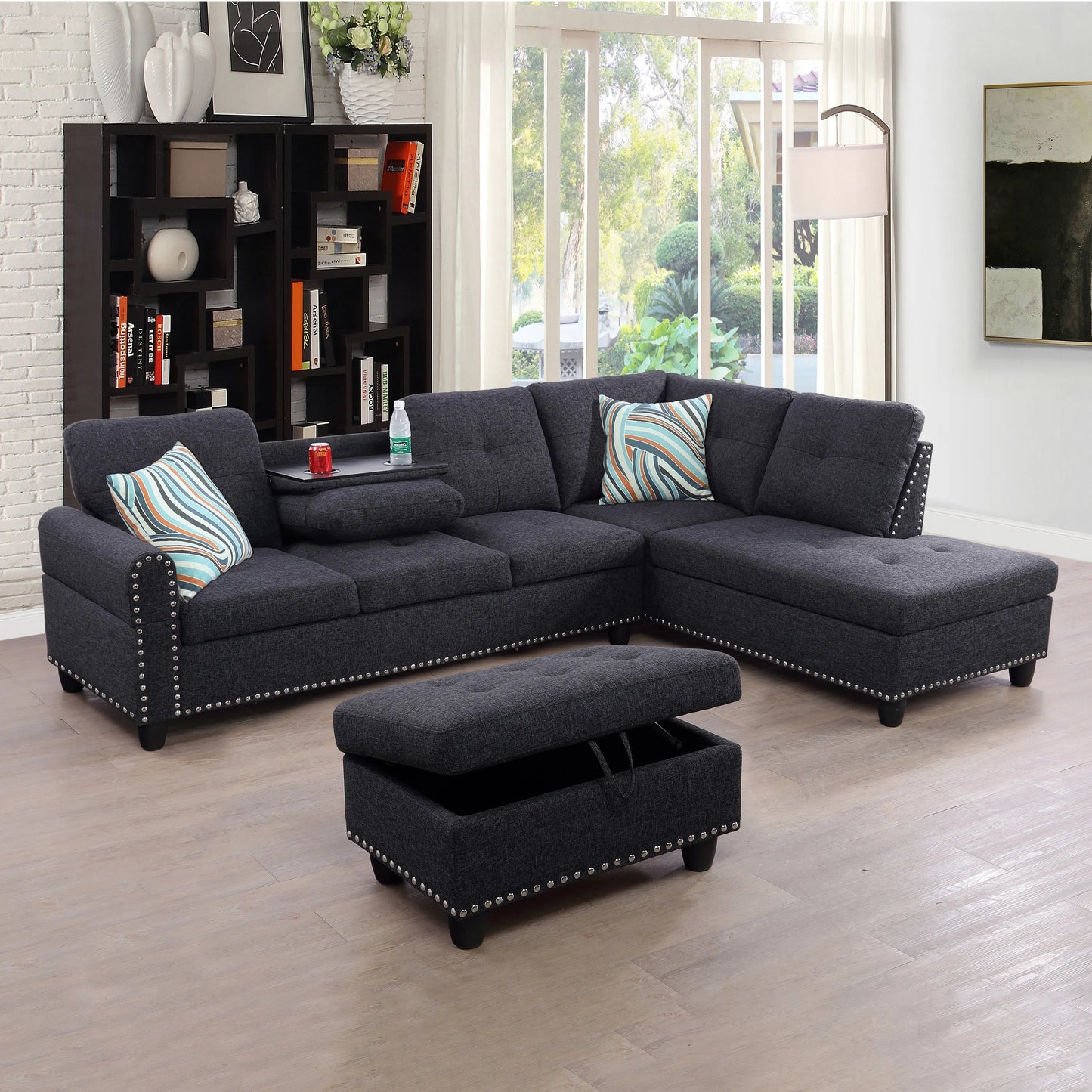 97.5" Wide Black Grey Linen L-Shaped Living Room Sectional Sofa Set