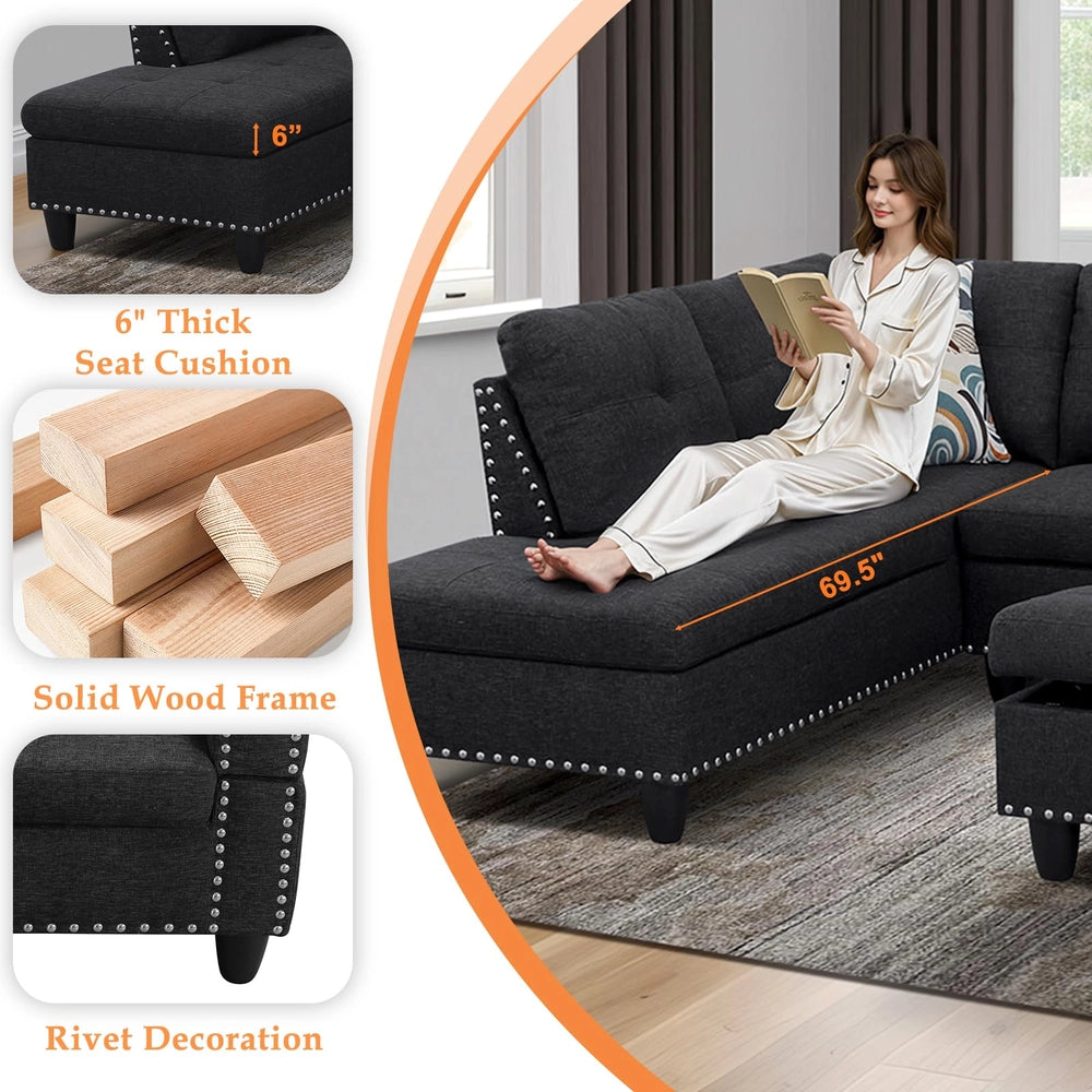 Ainehome 97.5" Wide Black Grey Linen L-Shaped Living Room Sectional Sofa Set