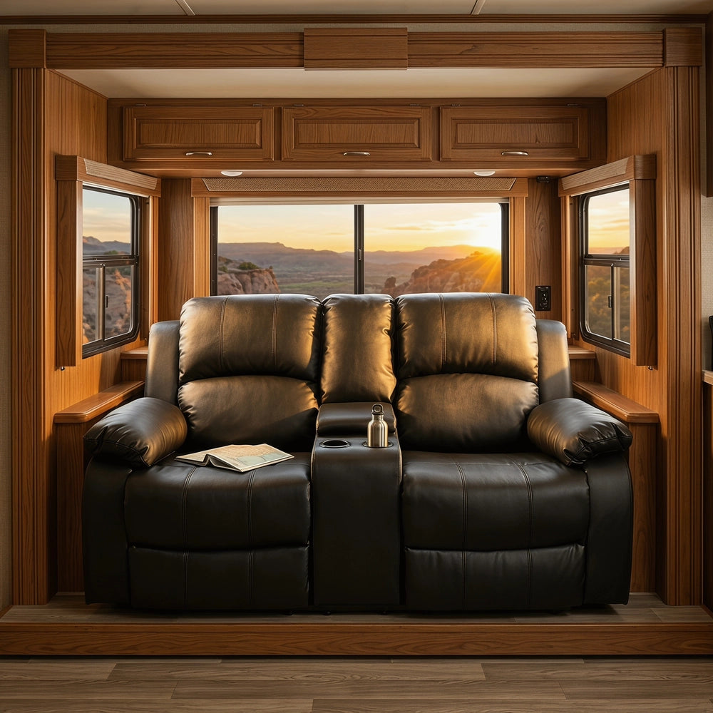 68" Manual RV Loveseat Recliner with Storage Console - Breathable Synthetic Leather Motorhome Sofa Replacement - 67" Full Extension & 26" Door Friendly - Walnut Brown