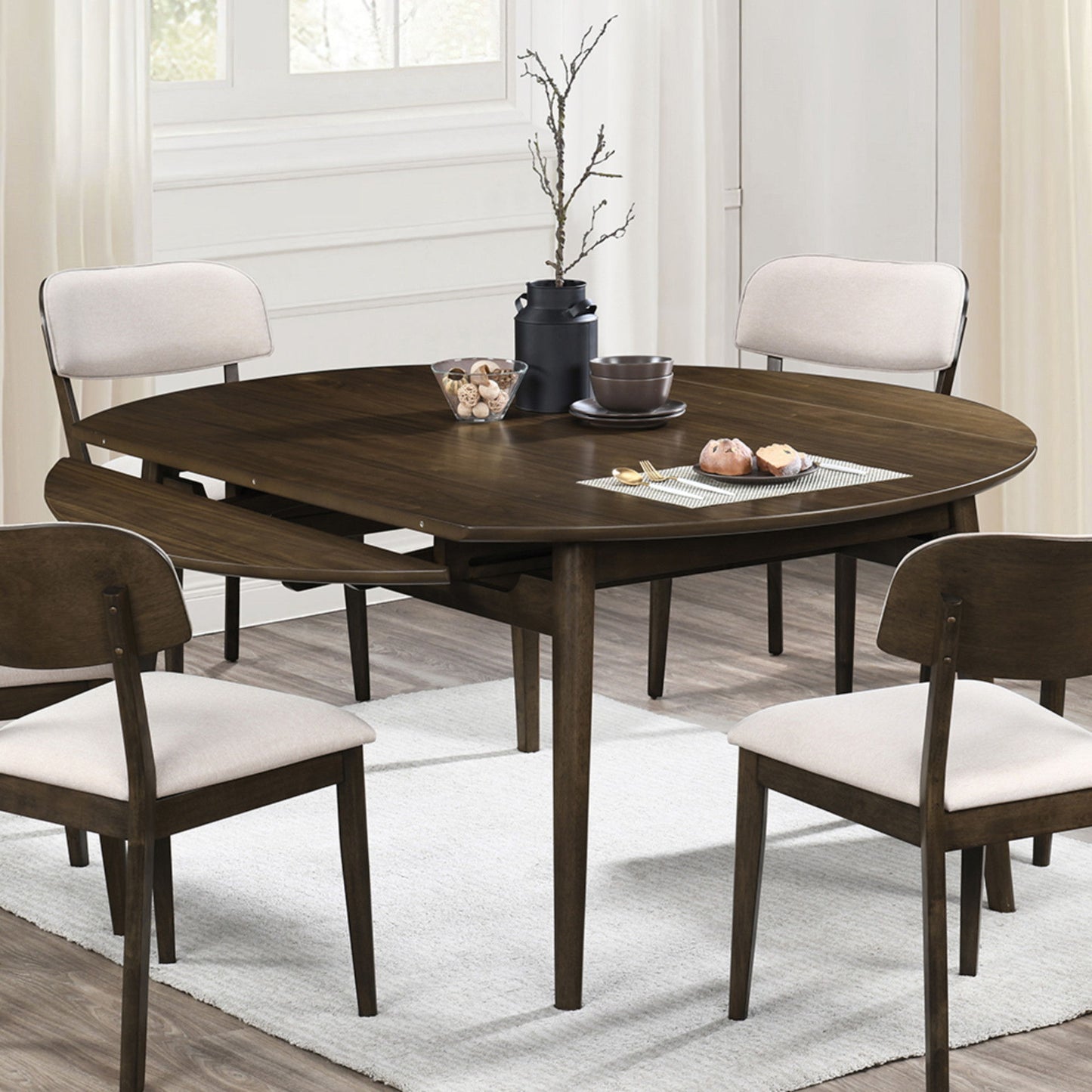 Rex - 65" Round Table With Self Storing Leaves - Walnut Brown