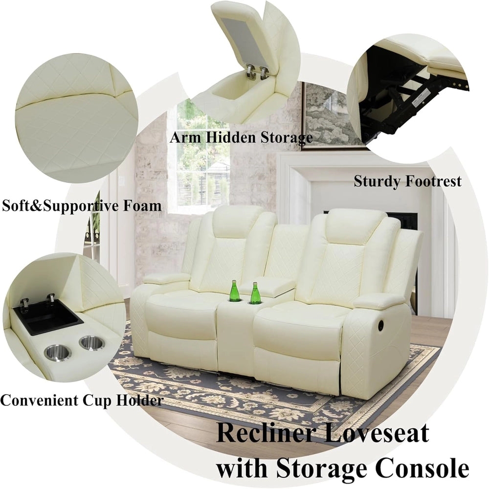 White Leather 3-Piece Power Reclining Sofa Set with Diamond Stitching & Smart Features — Sofa Set image 4