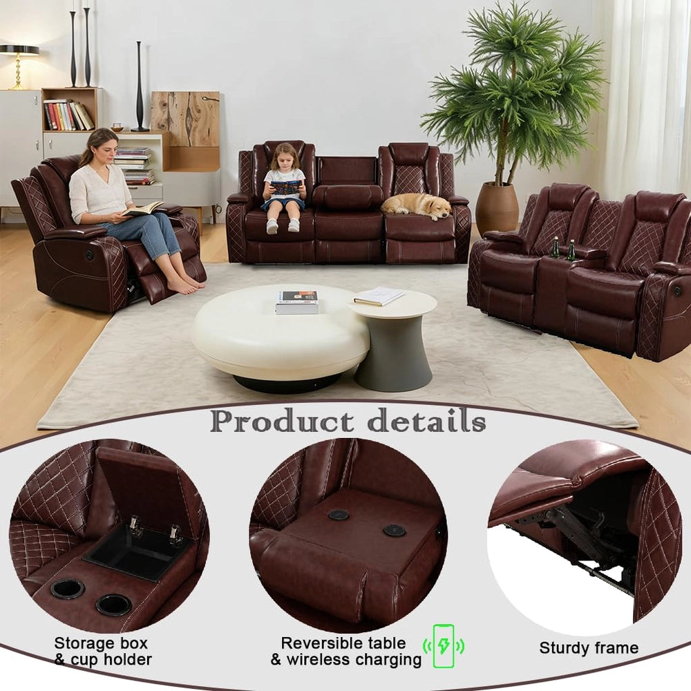 Ainehome Burgundy Leather 3-Piece Power Reclining Sofa Set with Diamond Stitching & Smart Features
