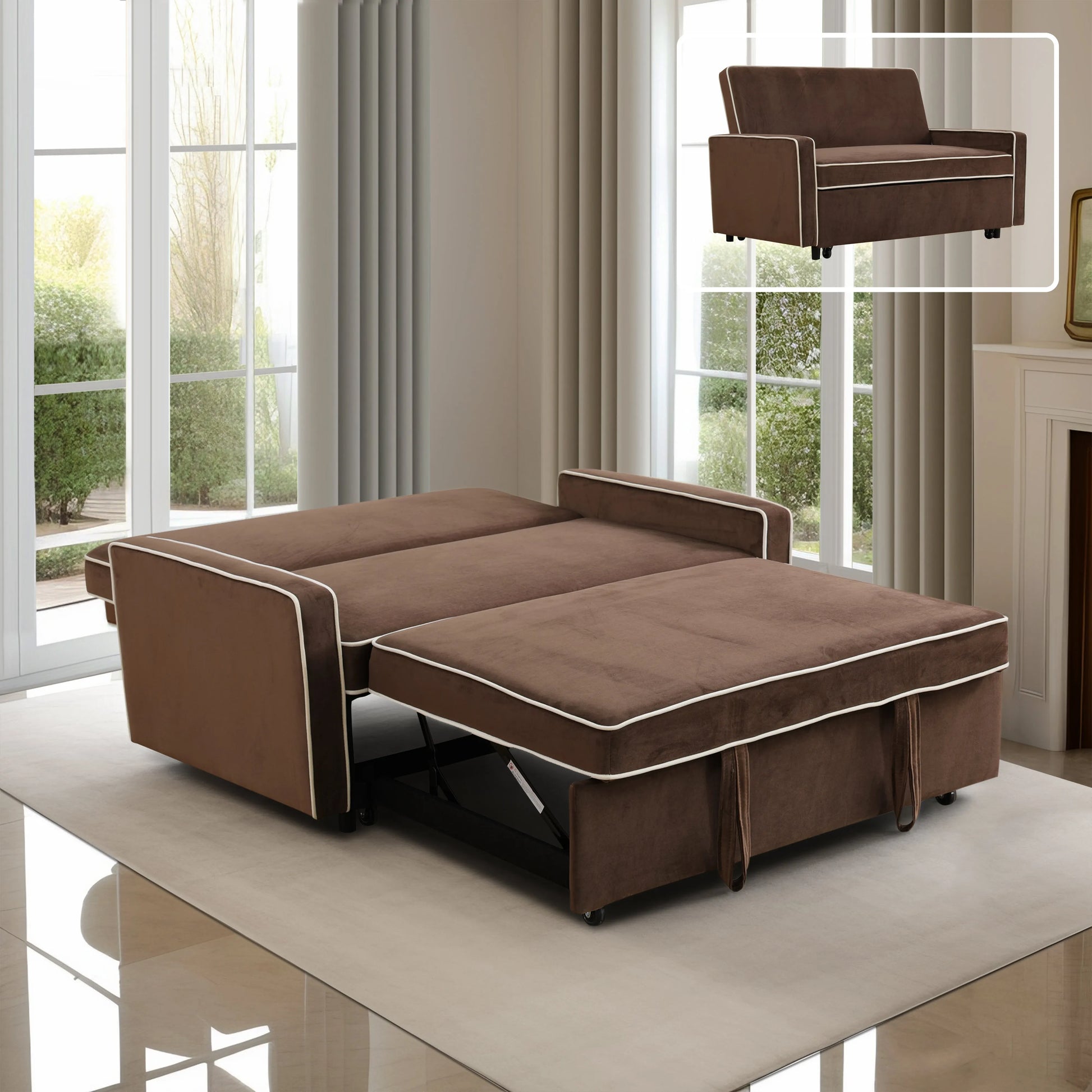Brown Flannel Convertible Sofa Bed with Removable Armrests image 2