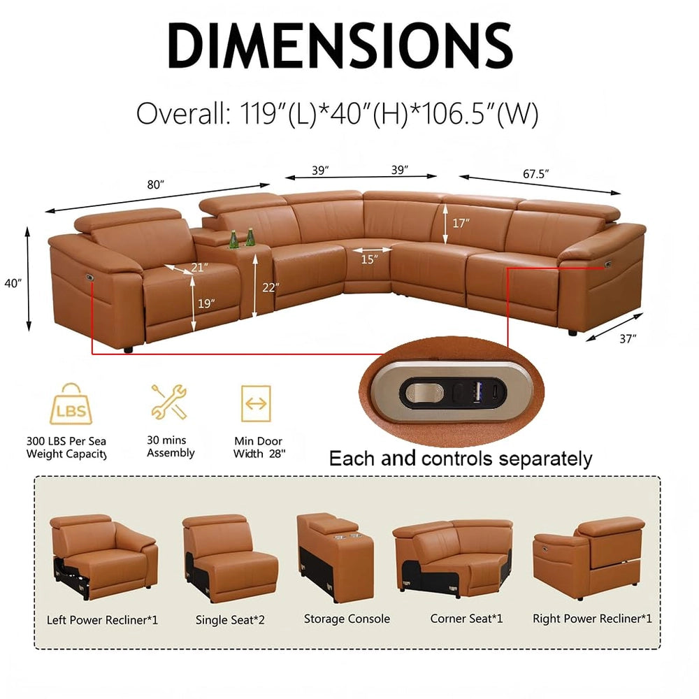Ainehome Light Brown Leather 5-Seater Modular Power Reclining Sectional Sofa Set with Smart Storage & USB