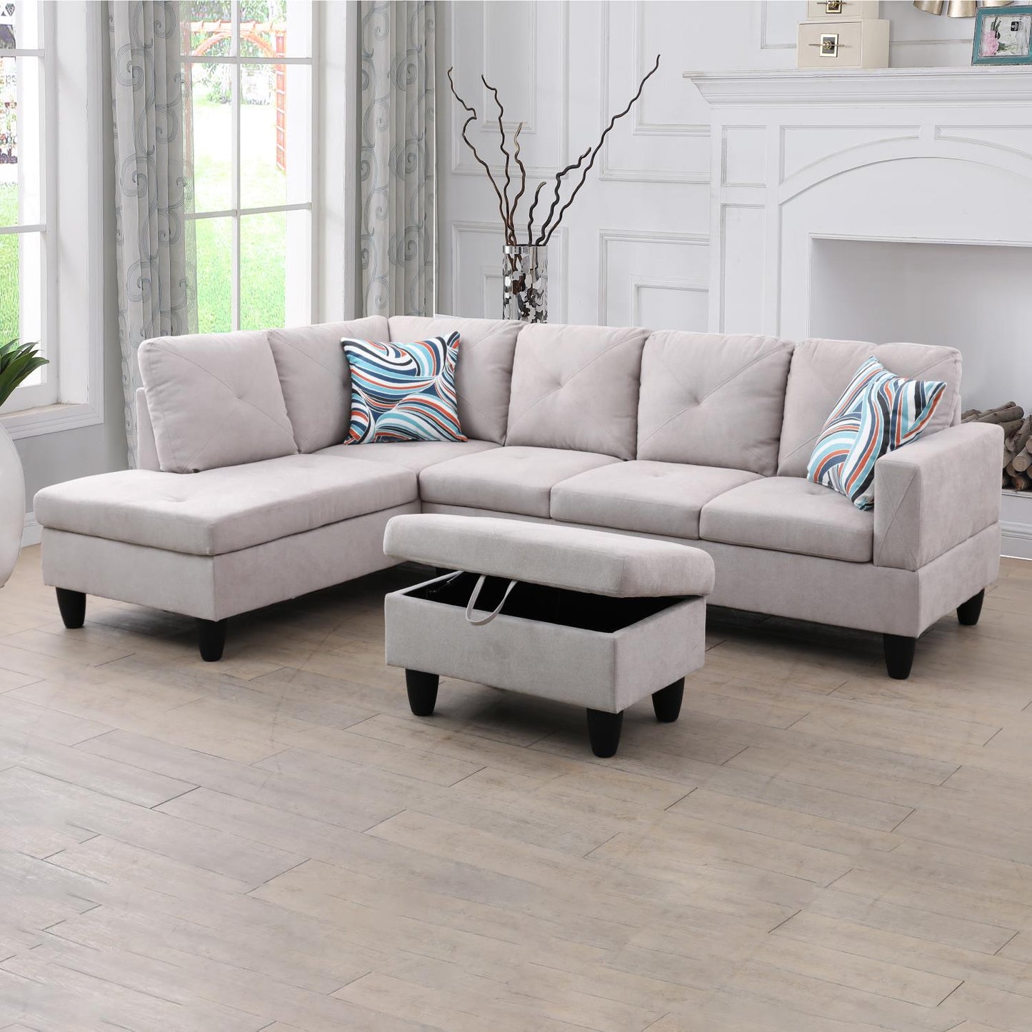 97" Wide Grey White Flannelette L-Shaped Living Room Sofa Set — image 1
