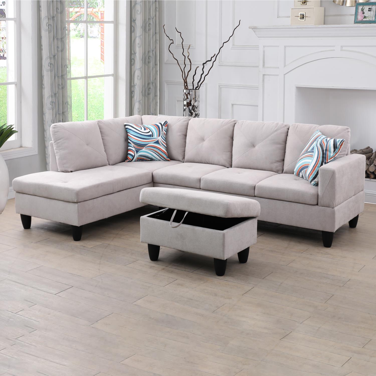 97" Wide Grey White Flannelette L-Shaped Living Room Sofa Set — image 1