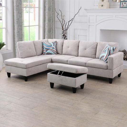 97" Wide Grey White Flannelette L-Shaped Living Room Sofa Set — image 1