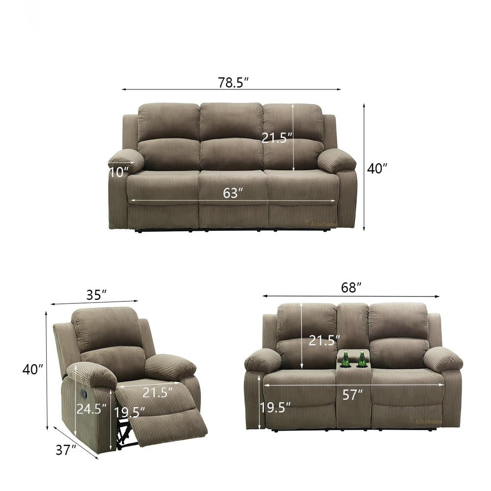 Ainehome Cinema 3-Piece Peanut Color Textured Reclining Sofa Set