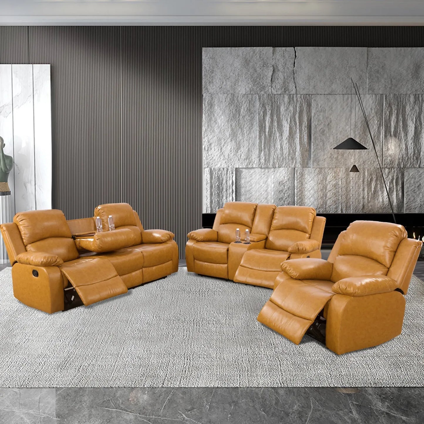 Ainehome Ginger Recycled Leather 3-Piece Couch Living Room Sofa Set