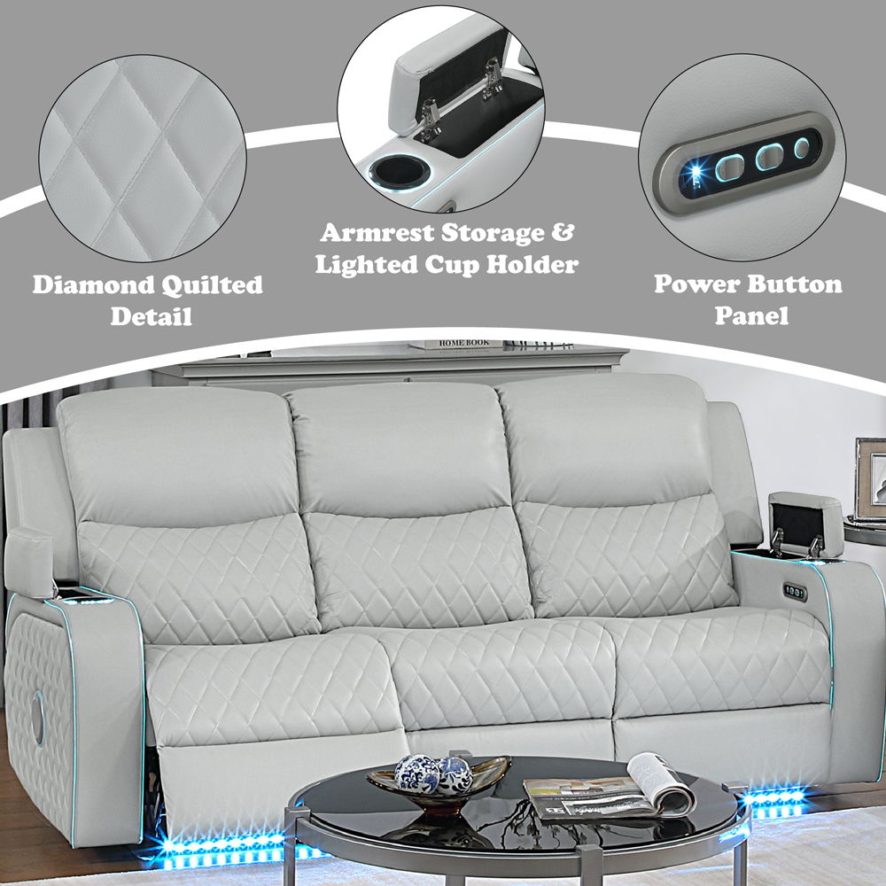 Elonzo - Power Motion Sofa With LED, Power Headrest & Speaker - Light Gray