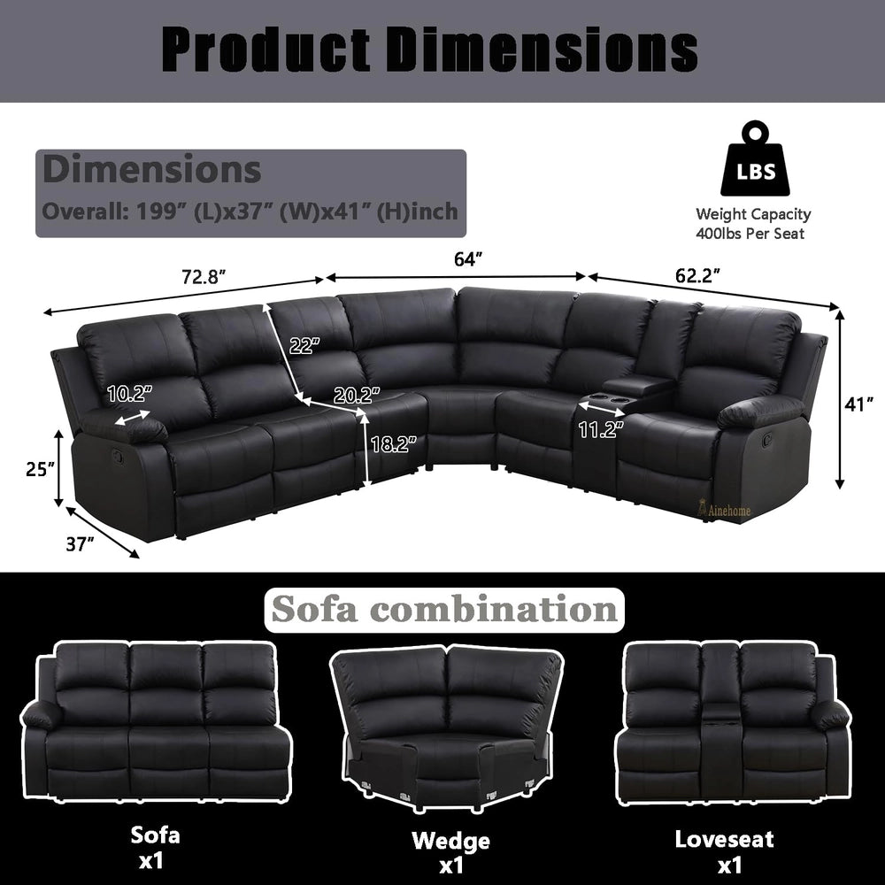 Ainehome Grandview 5-Seat Reclining Sectional Sofa in Black Faux Leather