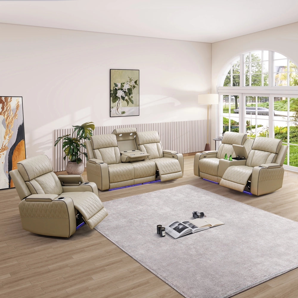 Ainehome Beige Leather Power Reclining Sectional Sofa with Smart Coffee Table & Reading Lamp