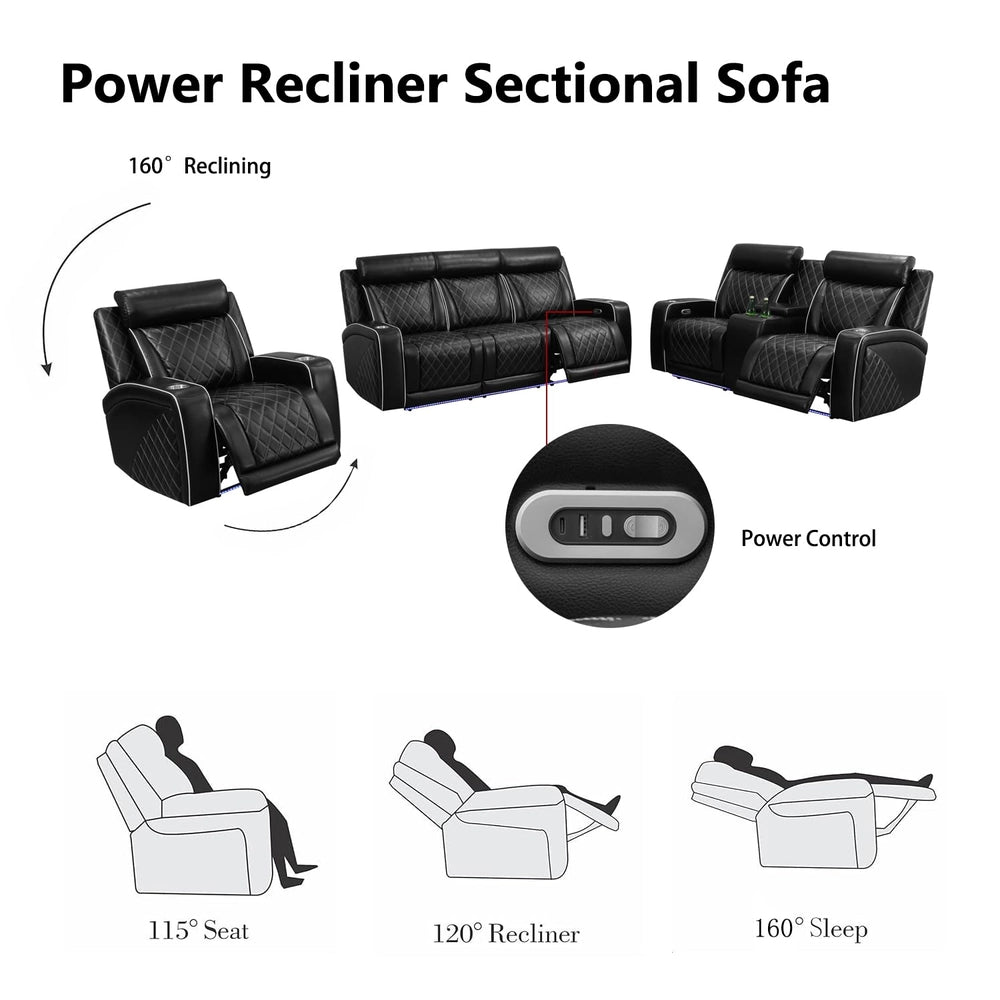 Ainehome Black Leather 5-Seater Power Reclining Sofa Set with Reading Lights & Hidden Storage