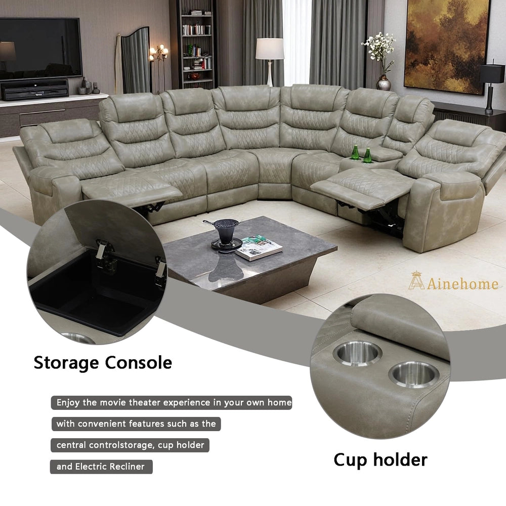 Ainehome Grey 3-Piece Intelligent Power Reclining Leather Sectional Sofa Set with Smart Features