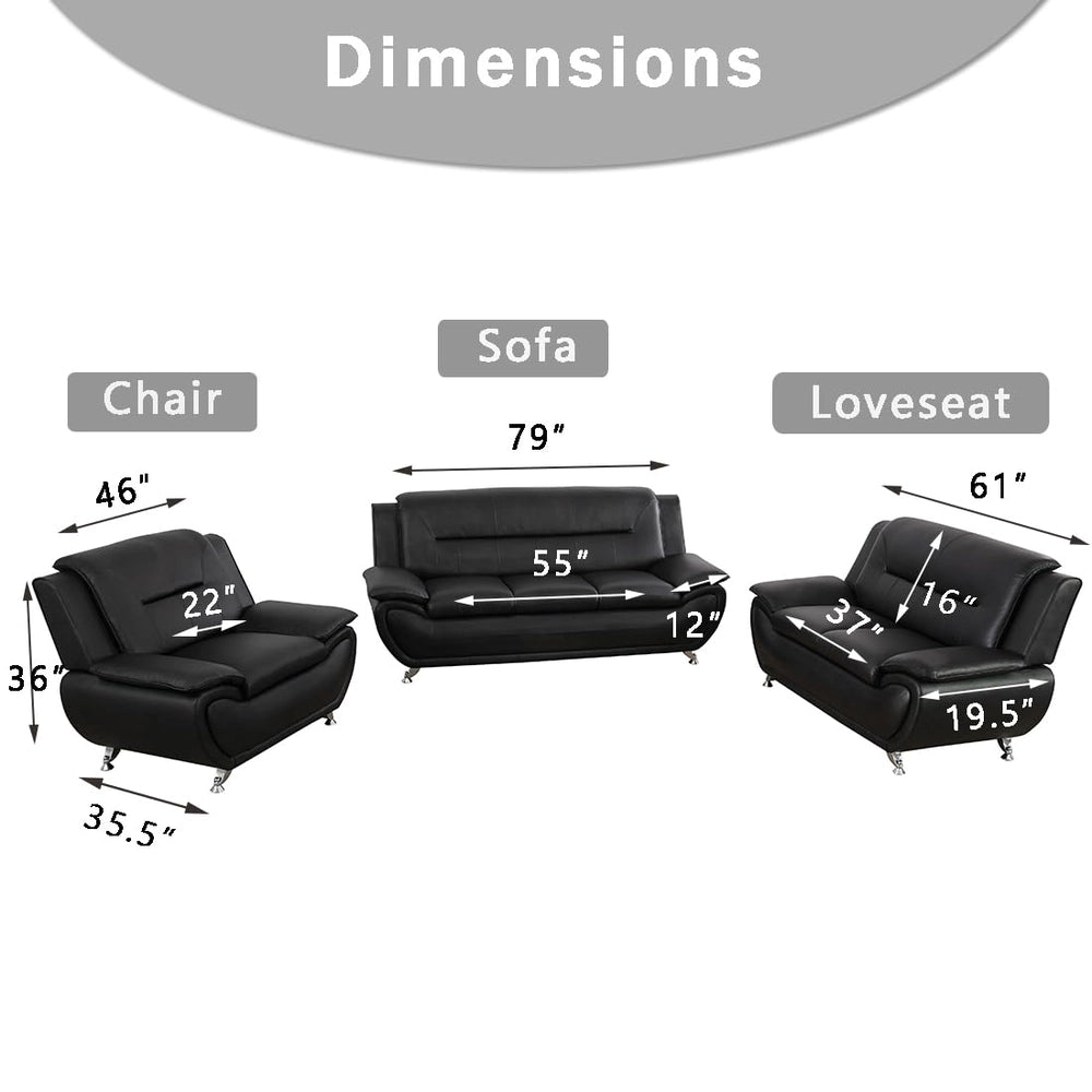 Ainehome Black Faux Leather 3-2-1 Living Room Sofa Set