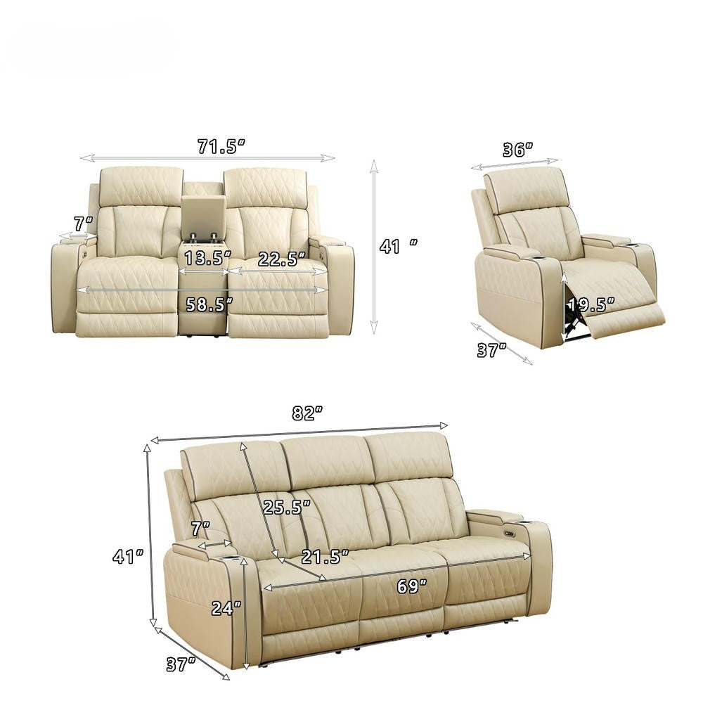 Ainehome Beige Leather Power Reclining Sectional Sofa with Smart Coffee Table & Reading Lamp