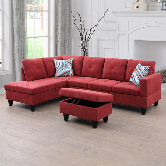 97" Wide Red Flannelette L-Shaped Living Room Sectional Sofa Set — image 1