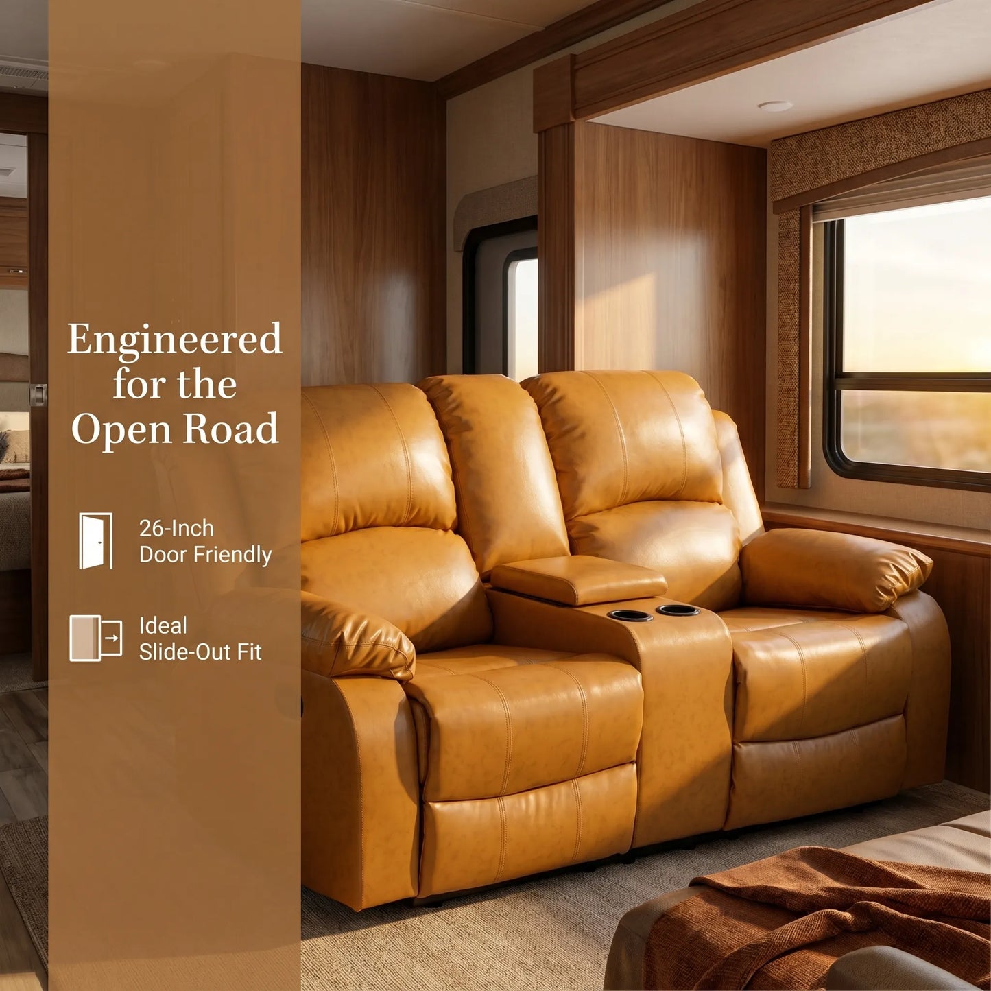 Ainehome 68" Manual RV Loveseat Recliner with Storage Console - Breathable Synthetic Leather Motorhome Sofa Replacement - 67" Full Extension & 26" Door Friendly - Walnut Brown