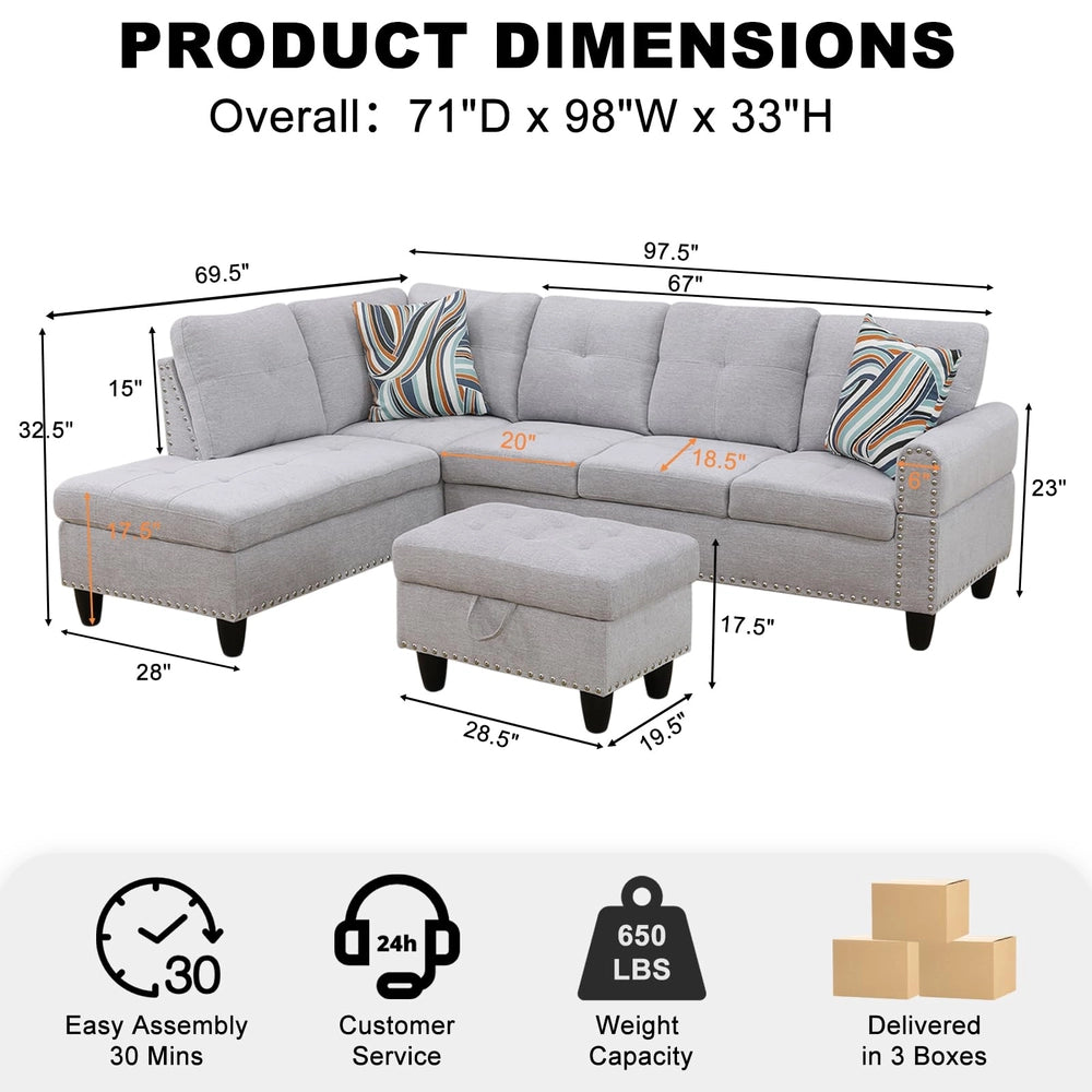 Ainehome 97.5" Wide Grey White Flannel 3-Piece Sofa Living Room Sofa Set
