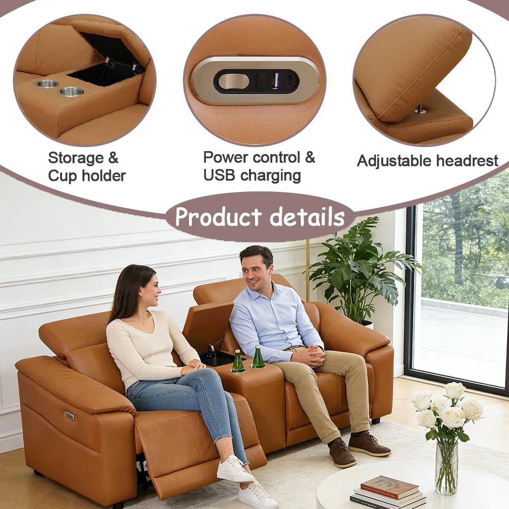 Ainehome Light Brown Leather 5-Seater Modular Power Reclining Sectional Sofa Set with Smart Storage & USB