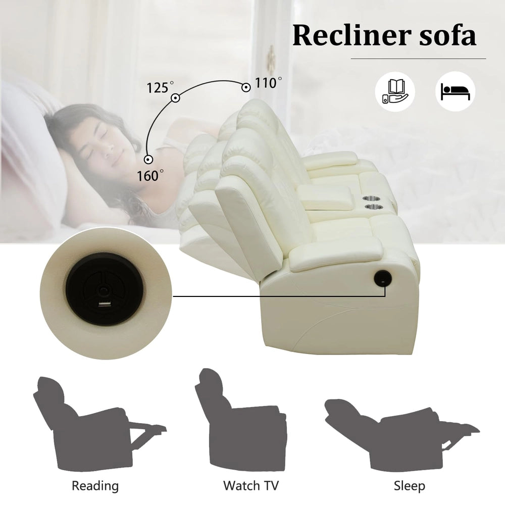 White Leather 3-Piece Power Reclining Sofa Set with Diamond Stitching & Smart Features — Sofa Set image 3