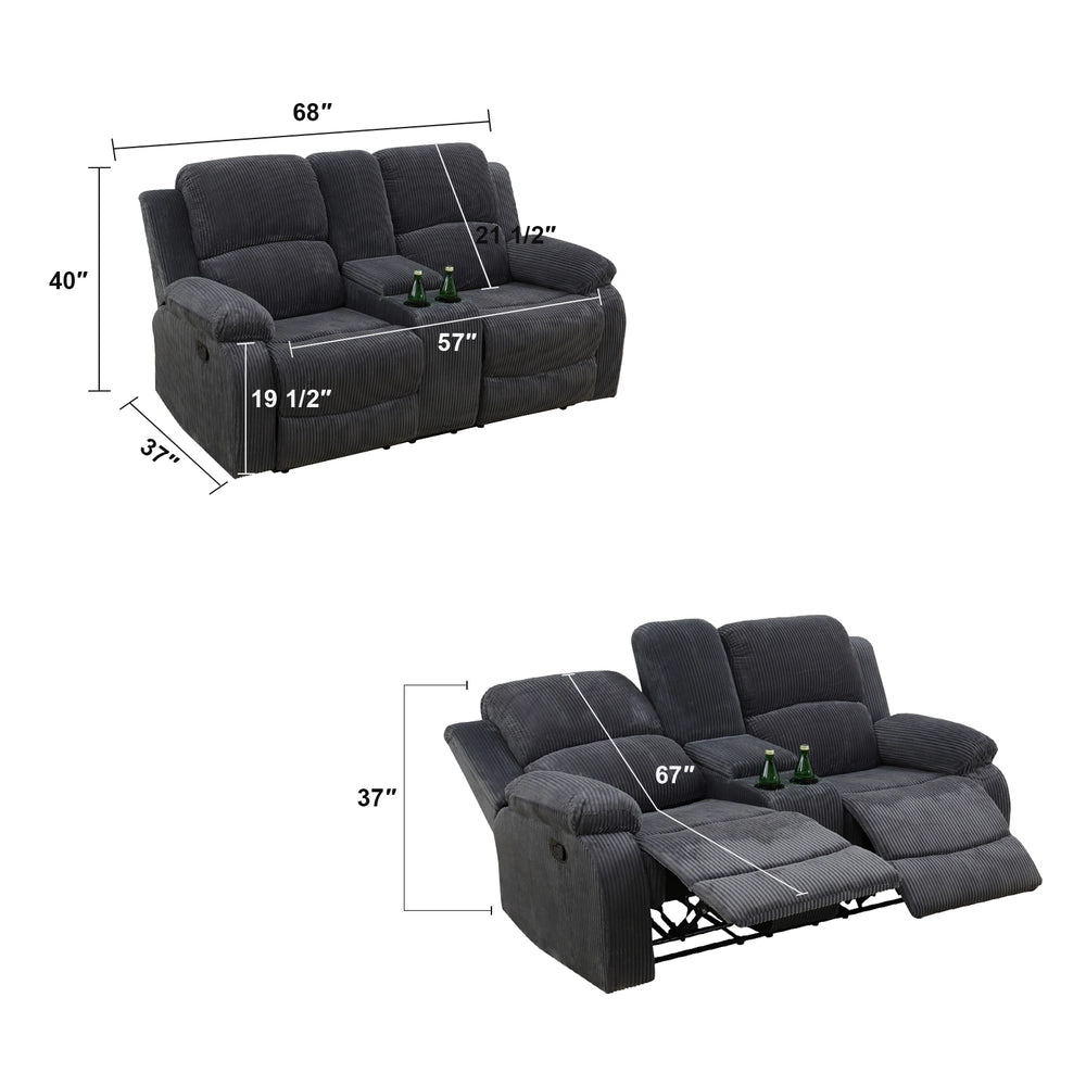 Ainehome 68" Manual RV Loveseat Recliner with Storage Console - Breathable & Mold-Proof Fabric Replacement Sofa for Class A, C Motorhomes and Travel Trailers - Dark Grey