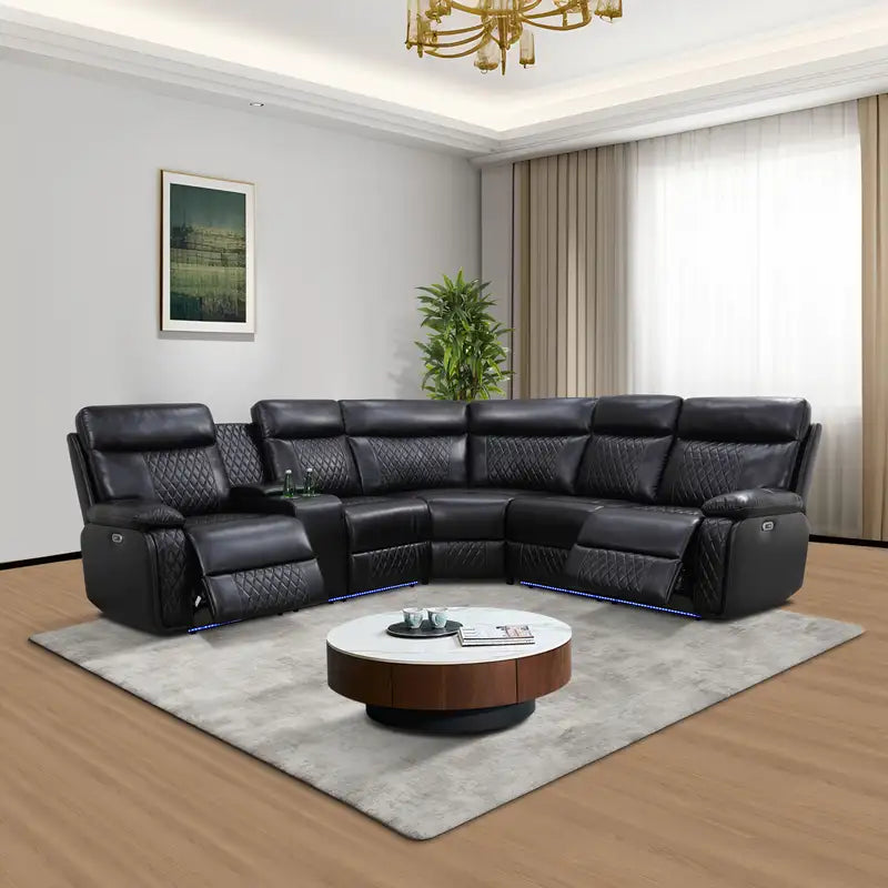 Black Semi PU Leather Power Reclining Sectional Sofa with Storage & Wireless Charging
