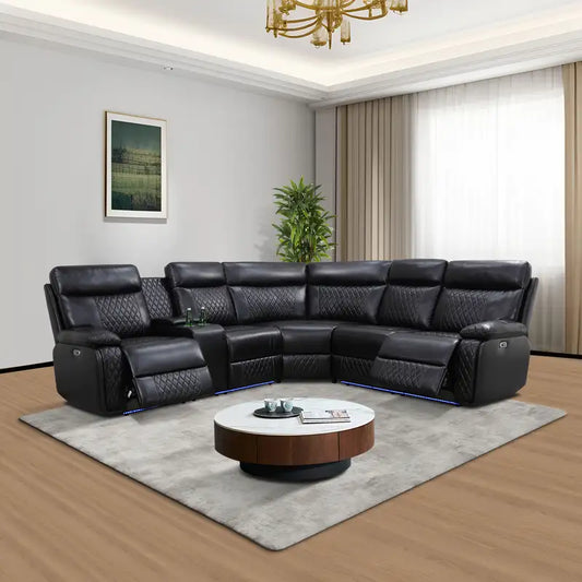 Black Semi PU Leather Power Reclining Sectional Sofa with Storage & Wireless Charging